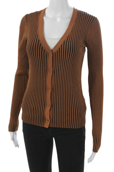 Staud Women Cardigan Brown Striped V-Neck Viscose Long Sleeve Size XS