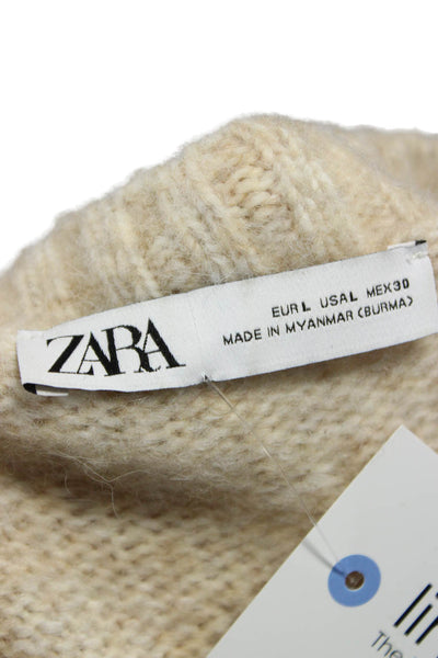 Zara Womens Pullover Sweater Beige Round Neck Long Sleeve Nylon Size L