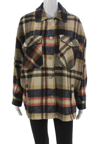 Zara Womens Basic Plaid Button Jacket Beige Long Sleeve Polyester Size L