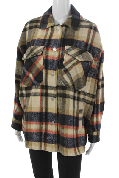 Zara Womens Basic Plaid Button Jacket Beige Long Sleeve Polyester Size L