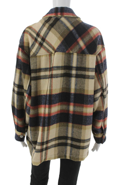Zara Womens Basic Plaid Button Jacket Beige Long Sleeve Polyester Size L