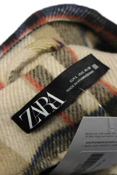 Zara Womens Basic Plaid Button Jacket Beige Long Sleeve Polyester Size L
