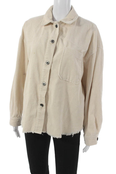 Zara Womens Beige Cotton Collared Button Basic Jacket Long Sleeve Size L