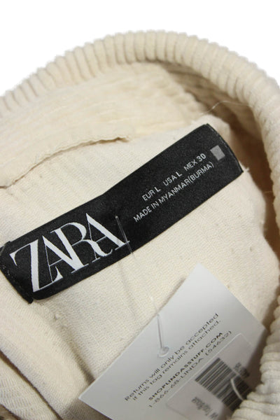 Zara Womens Beige Cotton Collared Button Basic Jacket Long Sleeve Size L