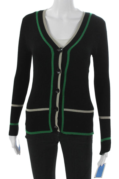 Metric Knits Women Black Striped V Neck Viscose Cardigan Long Sleeve Size S