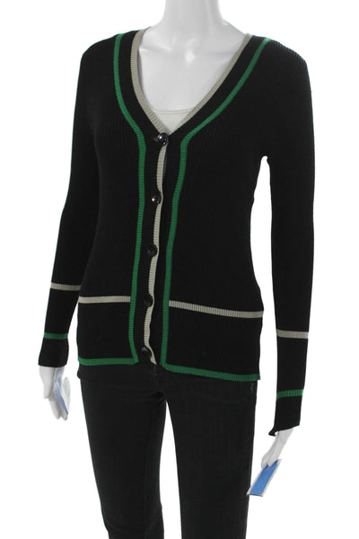 Metric Knits Women Black Striped V Neck Viscose Cardigan Long Sleeve Size S