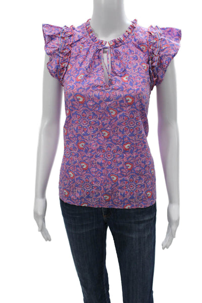 Vineyard Vines Women Purple Floral Cotton Blouse Sleeveless Size 2XS