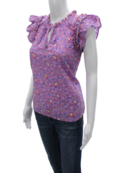 Vineyard Vines Women Purple Floral Cotton Blouse Sleeveless Size 2XS