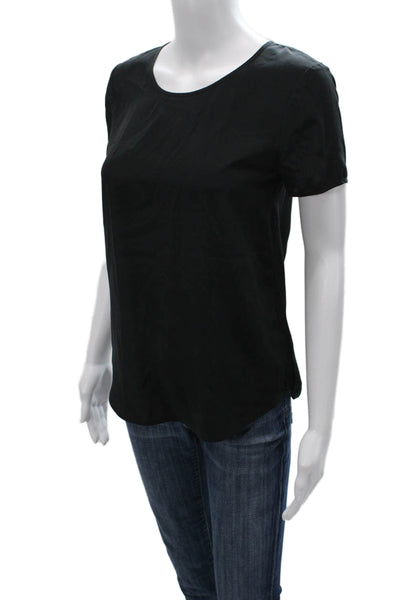 J Crew Womens Basic Silk Black Short Sleeve Round Neck Button Blouse Size 2XS