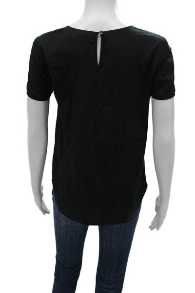 J Crew Womens Basic Silk Black Short Sleeve Round Neck Button Blouse Size 2XS