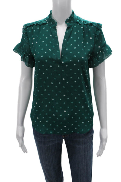 J Crew Womens Basic Polka Dot V-Neck Short Sleeve Blouse Green Size 2XS