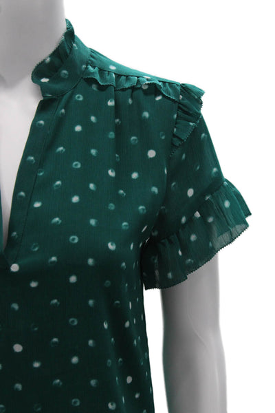 J Crew Womens Basic Polka Dot V-Neck Short Sleeve Blouse Green Size 2XS