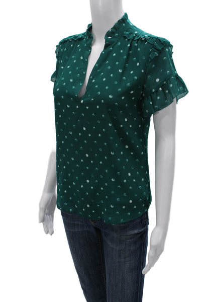 J Crew Womens Basic Polka Dot V-Neck Short Sleeve Blouse Green Size 2XS