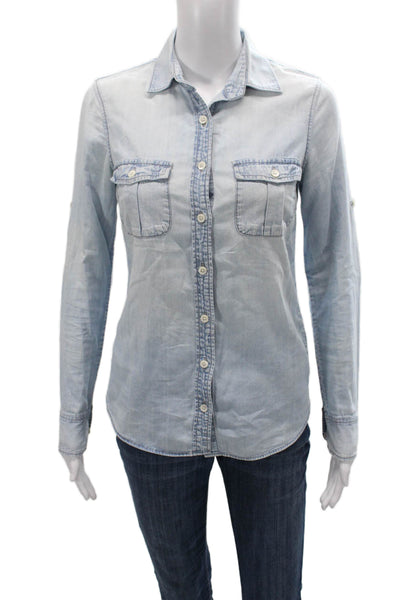 J Crew Women Basic Button-Up Cotton Collared Long Sleeve Blue Size 00