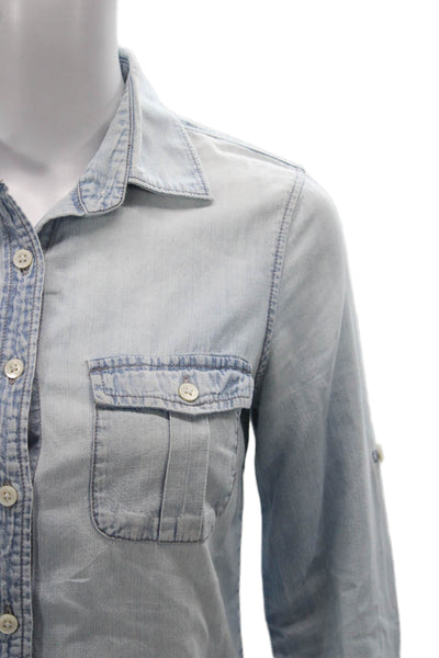 J Crew Women Basic Button-Up Cotton Collared Long Sleeve Blue Size 00