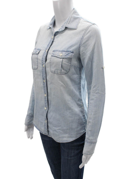 J Crew Women Basic Button-Up Cotton Collared Long Sleeve Blue Size 00