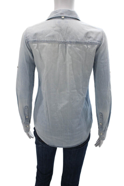 J Crew Women Basic Button-Up Cotton Collared Long Sleeve Blue Size 00