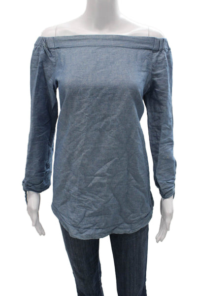 Free People Women Tunic Blouse Off the Shoulder Blue Cotton Long Sleeve Size S