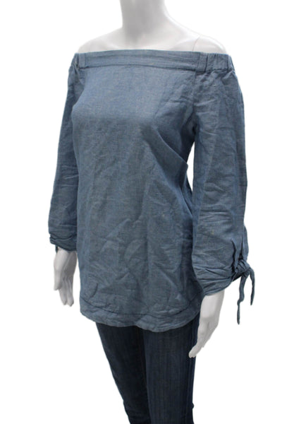 Free People Women Tunic Blouse Off the Shoulder Blue Cotton Long Sleeve Size S