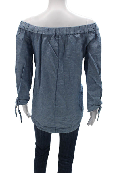 Free People Women Tunic Blouse Off the Shoulder Blue Cotton Long Sleeve Size S