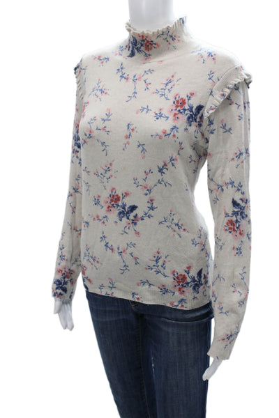 Joie Women Pullover Sweater Floral Mock Neck Wool Long Sleeve Beige Size M