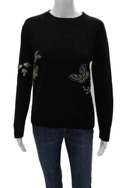 Aqua Women Black Floral Pullover Sweater Size M