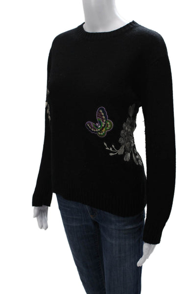 Aqua Women Black Floral Pullover Sweater Size M