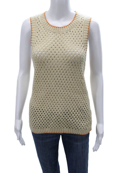 Sundry Women Sweater Vest Beige Cotton Crewneck Geometric Sleeveless Size M