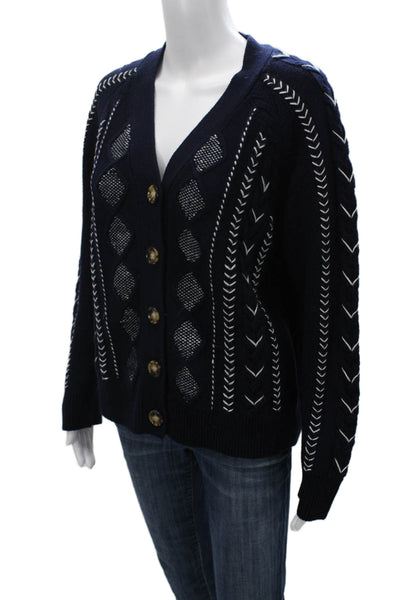 La Ligne Womens Merino Wool Argyle V Neck Cardigan Blue Size XS
