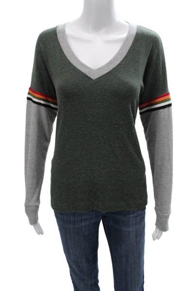 Michael Stars Women Green V-Neck Colorblock Long Sleeve T-Shirt Size XS