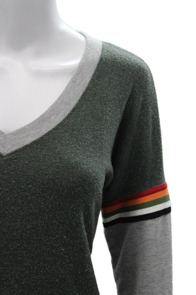 Michael Stars Women Green V-Neck Colorblock Long Sleeve T-Shirt Size XS