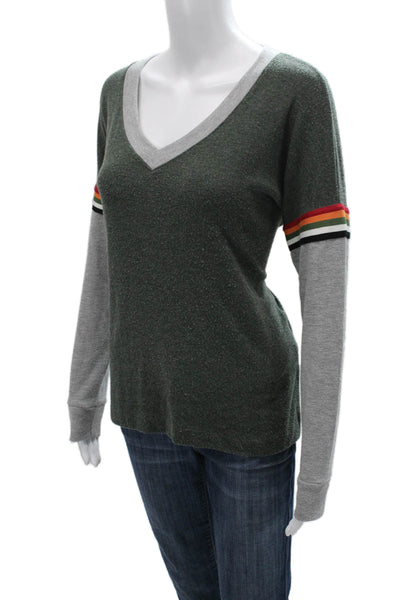 Michael Stars Women Green V-Neck Colorblock Long Sleeve T-Shirt Size XS