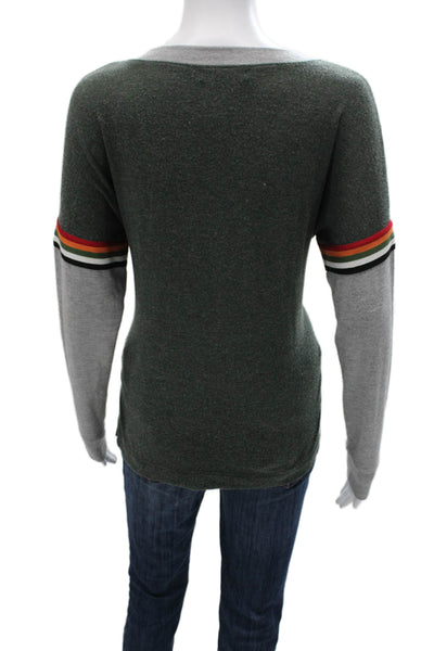 Michael Stars Women Green V-Neck Colorblock Long Sleeve T-Shirt Size XS
