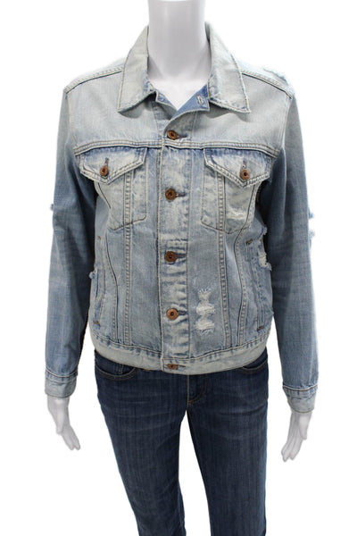 NSF Women Blue Plaid Cotton Basic Jacket Button Long Sleeve Size S