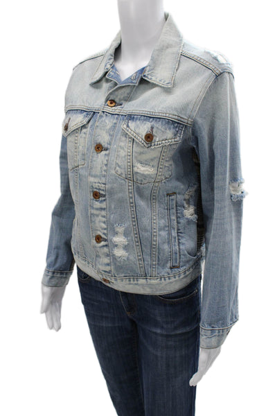NSF Women Blue Plaid Cotton Basic Jacket Button Long Sleeve Size S
