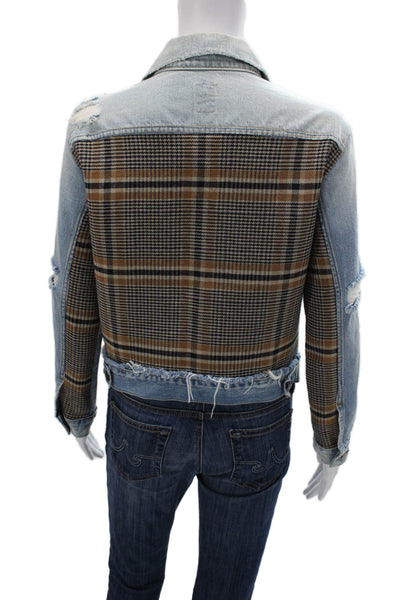 NSF Women Blue Plaid Cotton Basic Jacket Button Long Sleeve Size S