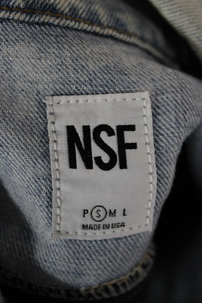 NSF Women Blue Plaid Cotton Basic Jacket Button Long Sleeve Size S
