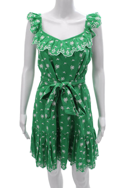 Roller Rabbit Women Sundress Green Linen Floral V Neck Short Sleeveless Size S