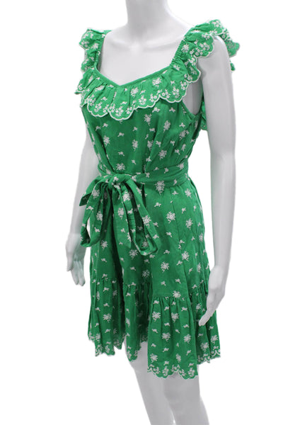 Roller Rabbit Women Sundress Green Linen Floral V Neck Short Sleeveless Size S