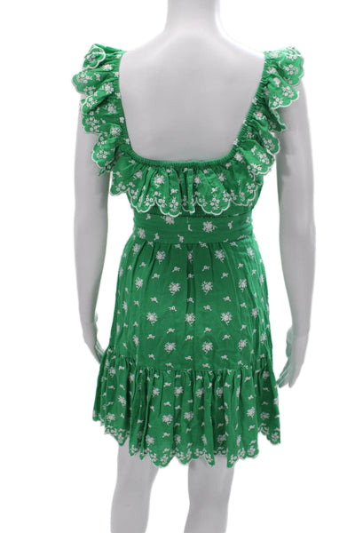 Roller Rabbit Women Sundress Green Linen Floral V Neck Short Sleeveless Size S