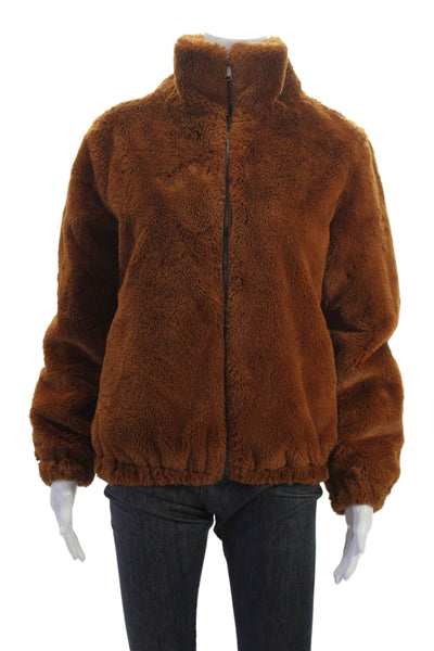 Magaschoni Women Bomber Jacket Brown 100% Polyester Long Sleeve Zip Size S