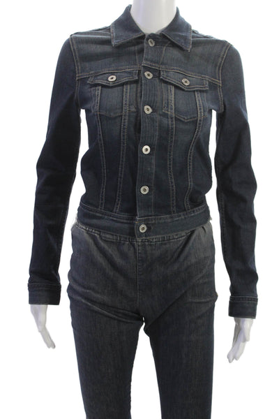 AG Women Denim Jacket Outfit Set Blue Rayon Collared Button Long Sleeve Size XS