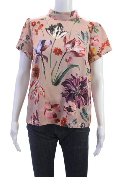 J Crew Women Pink Floral High Neck Short Sleeve Polyester Blouse Size S