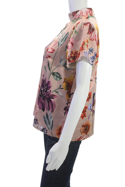 J Crew Women Pink Floral High Neck Short Sleeve Polyester Blouse Size S