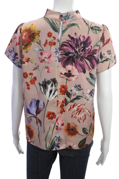 J Crew Women Pink Floral High Neck Short Sleeve Polyester Blouse Size S