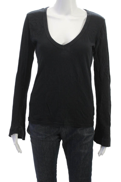 C&C California Womens Basic V-Neck Long Sleeve Black Cotton T-Shirt Size M