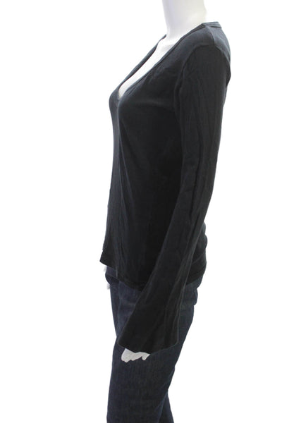 C&C California Womens Basic V-Neck Long Sleeve Black Cotton T-Shirt Size M