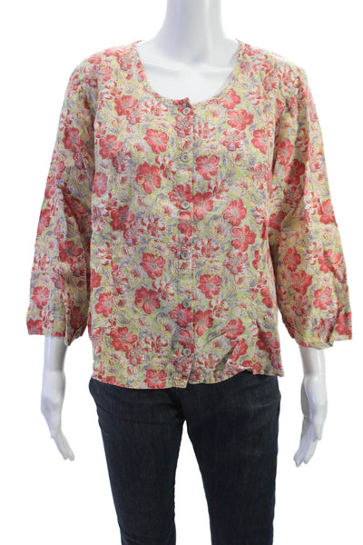 Flax Womens Basic Floral Linen Button Round Neck 3/4 Sleeve Blouse Size L
