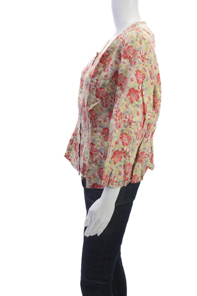 Flax Womens Basic Floral Linen Button Round Neck 3/4 Sleeve Blouse Size L