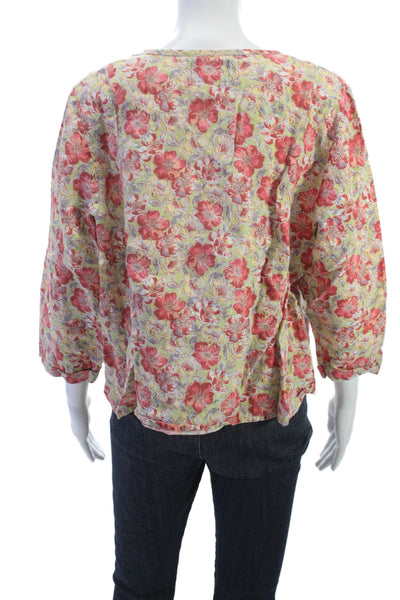 Flax Womens Basic Floral Linen Button Round Neck 3/4 Sleeve Blouse Size L
